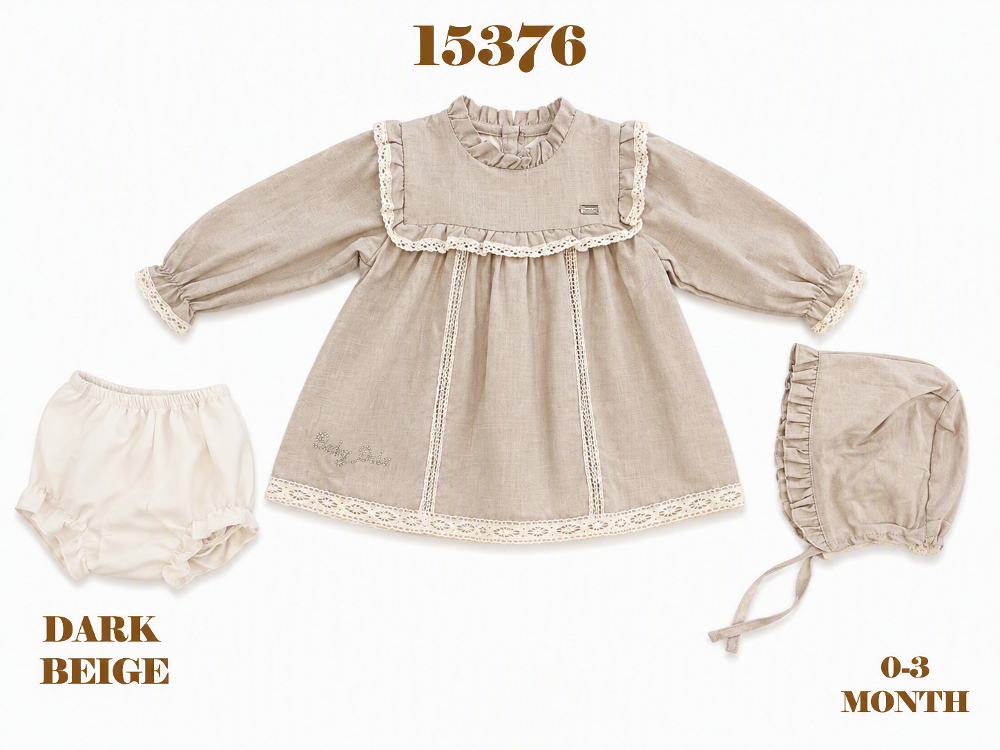 BABYDOLA-15376 ELBİSE ŞAPKA VE KÜLOT DARK BEİGE 5'Lİ