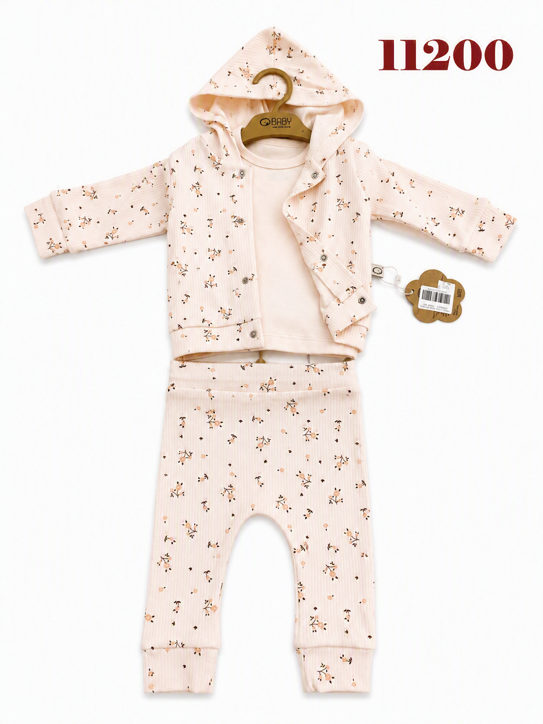 OBABY-11200 ÇİÇEK DESENLİ KAPŞONLU 3'LÜ TAKIM 3/18 4'LÜ