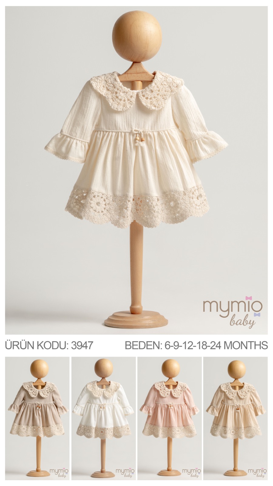 MYMİO-3947 BONCUKLU UZUN KOL BEJ ELBİSE 5'Lİ